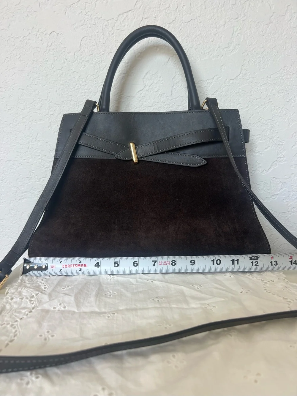 Italian Genuine Leather Suede Satchel Handbag Dark Brown Top Handle Crossbody